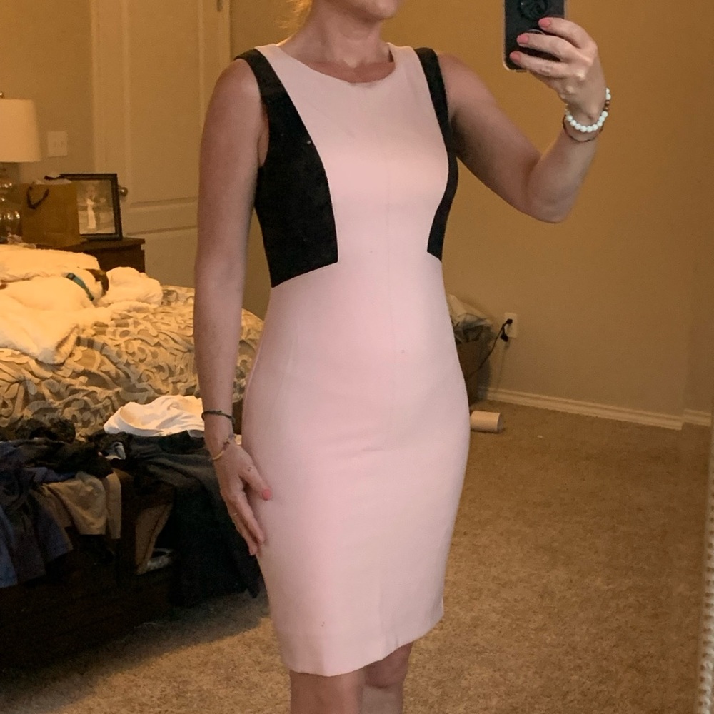 Pale pink and black sheath dress